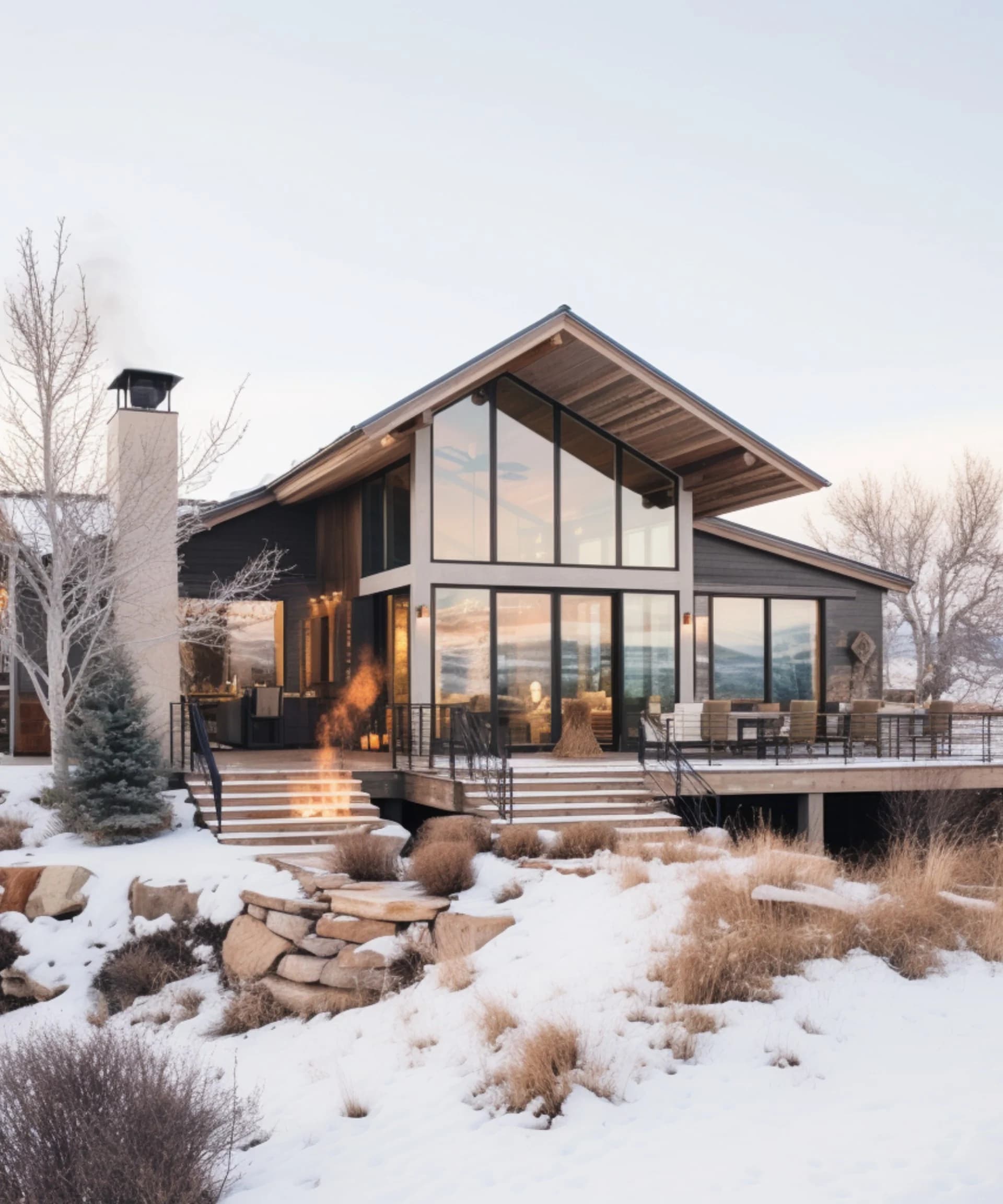 Modern Montana home with large glass windows and snow-covered landscape — buy your Western Montana home with MT Lux Real Estate.
